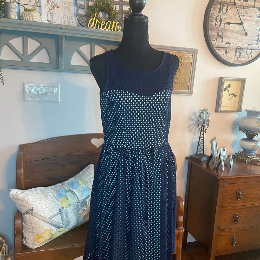 NWOT Maurice’s womens Aline navy eyelet dress/lt green lining